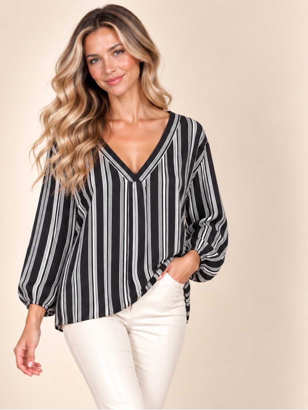 Violet & Claire Black and White Vertical Stripe V-Neck Blouse